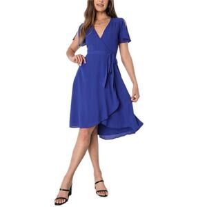 Women's Lulus Rise to the Occasion Blue Short Sleeve Ruffle Wrap Dress Size S